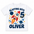 White personalised space rocket birthday T-shirt with example name and age