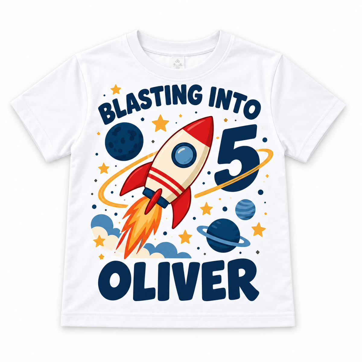 White personalised space rocket birthday T-shirt with example name and age
