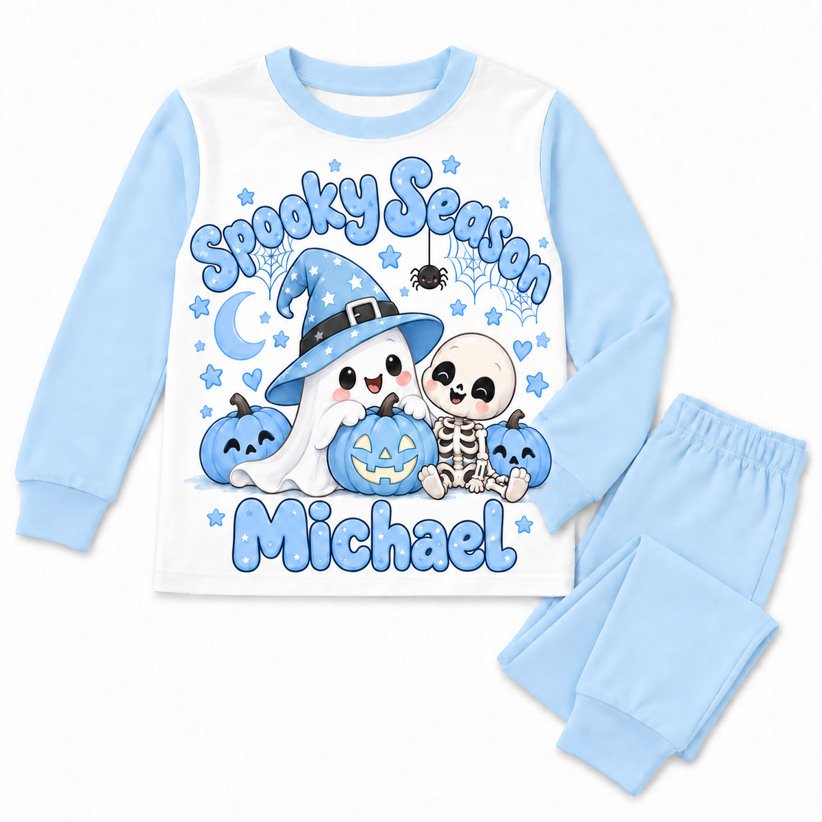 Personalised boys Spooky Season Halloween long pyjamas in pale baby blue – Michael example name, no bats