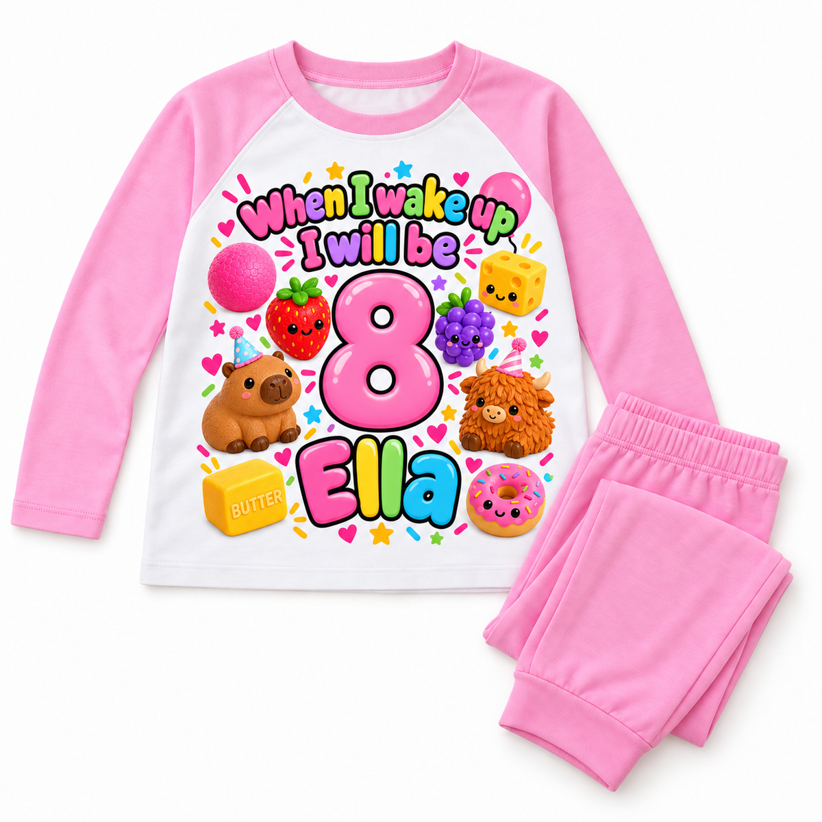 Long Pink personalised squishy birthday pyjamas, Ella age 8