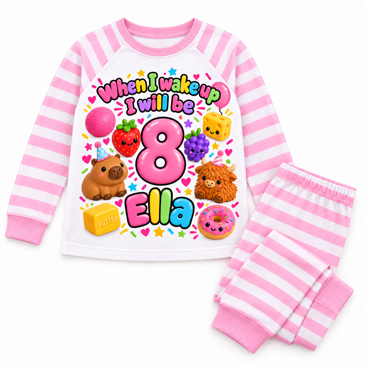 Pink Stripe personalised squishy birthday pyjamas, Ella age 8