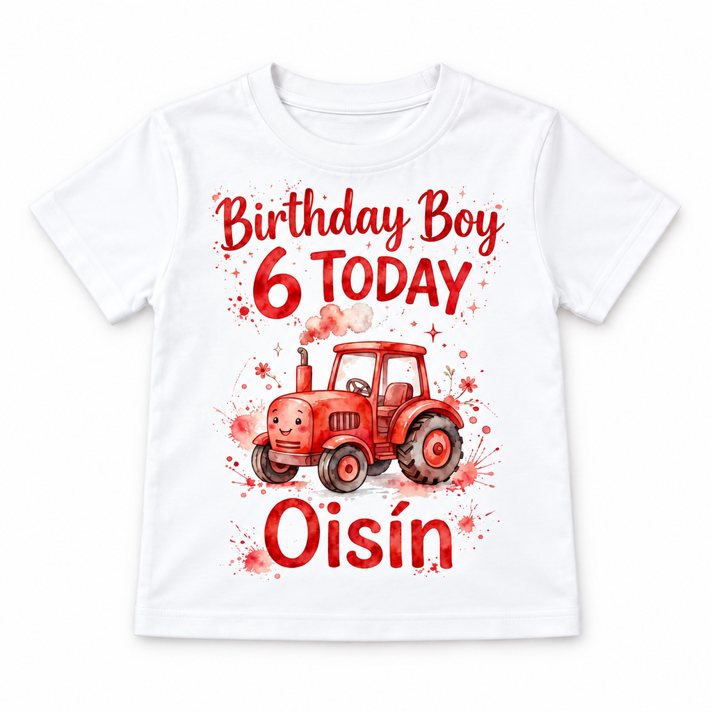 White personalised tractor birthday T-shirt with example name and age