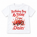 White personalised tractor birthday T-shirt with example name and age