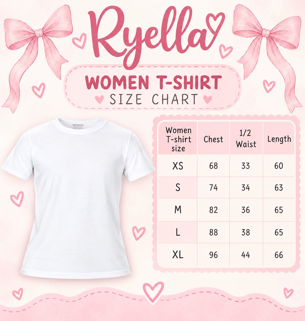 Ryella women’s T-shirt size chart for XS, S, M, L and XL with chest, half waist and length measurements