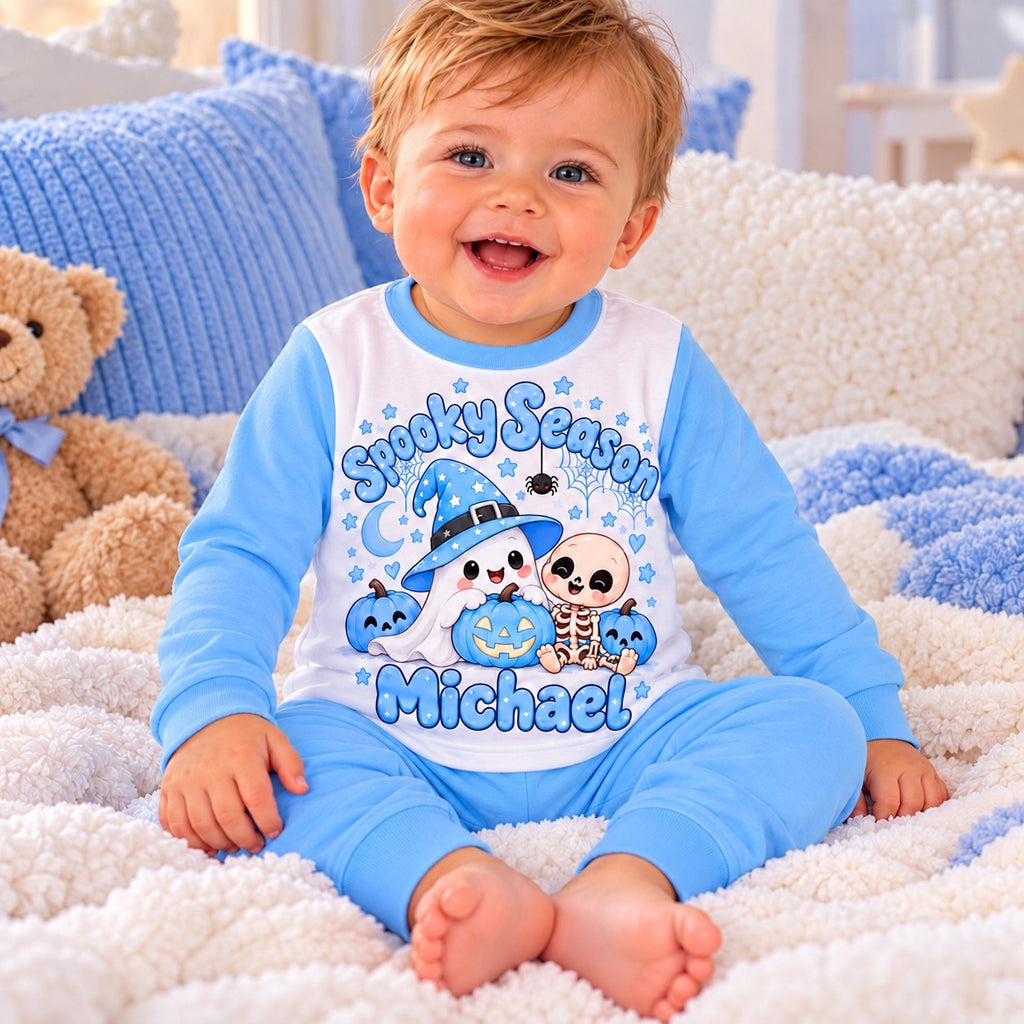 Personalised baby blue Spooky Season pyjamas with Michael