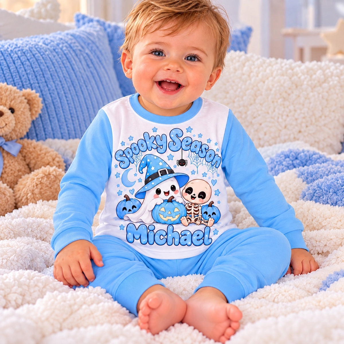 Personalised baby blue Spooky Season pyjamas with Michael