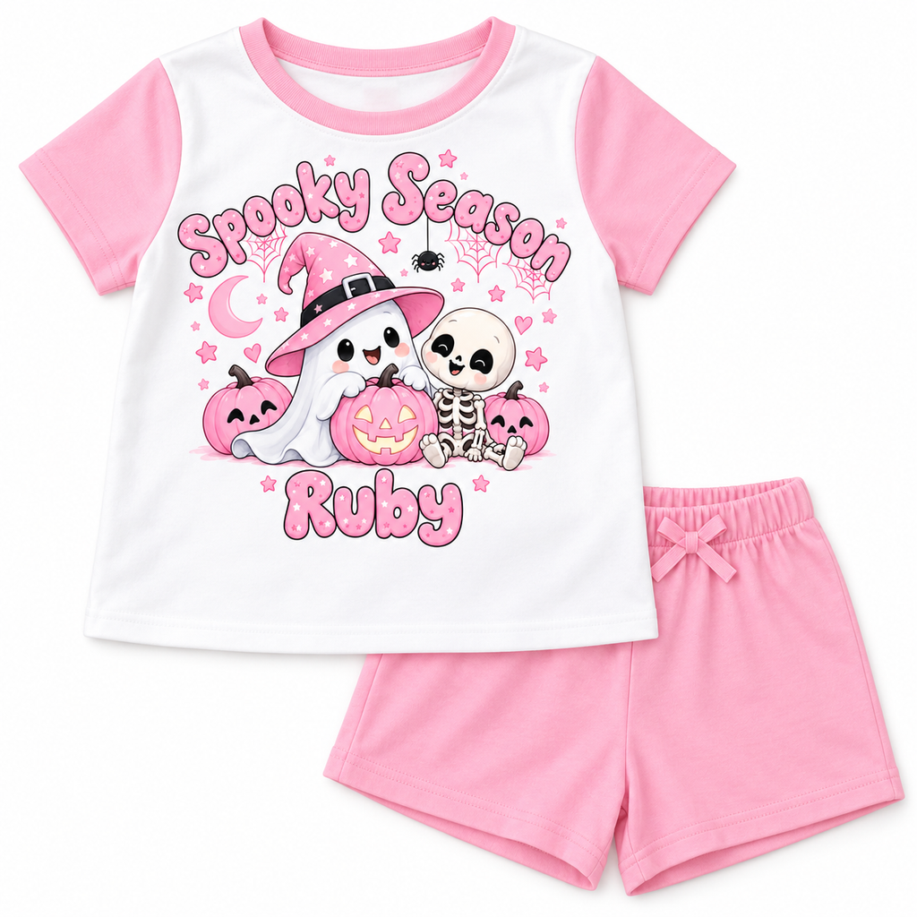 Pink Shorts Set girls Spooky Season personalised pyjamas