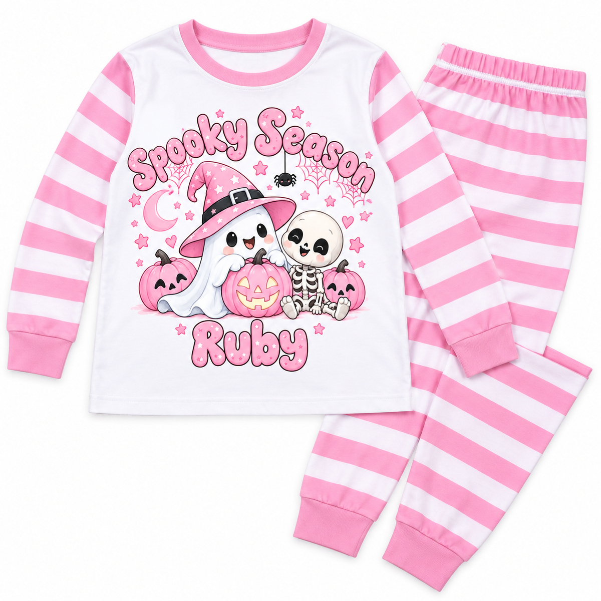 Pink and White Stripe Long girls Spooky Season personalised pyjamas