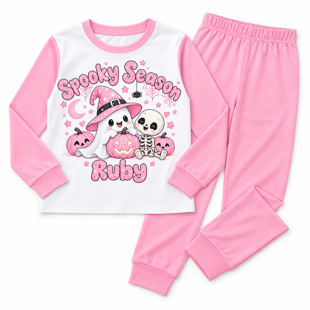 Solid Pink Long girls Spooky Season personalised pyjamas