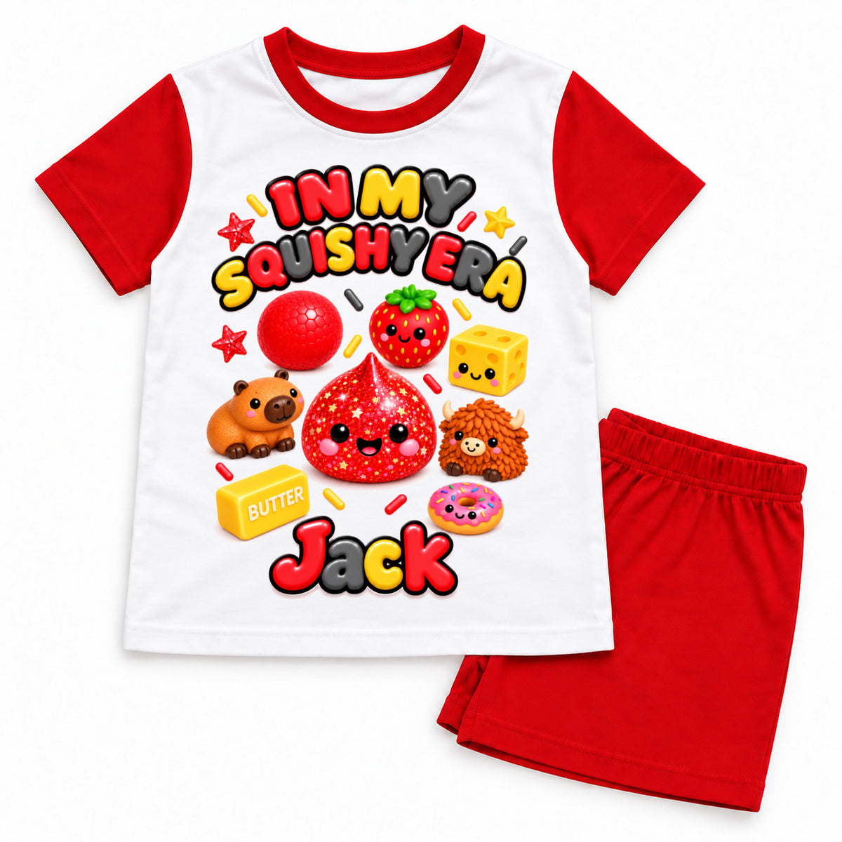 Personalised boys Squishy Era red shorts pyjamas – Jack example name