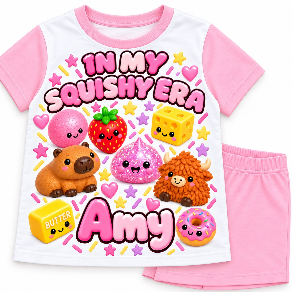 Personalised girls Squishy Era pink shorts pyjamas – Amy example name