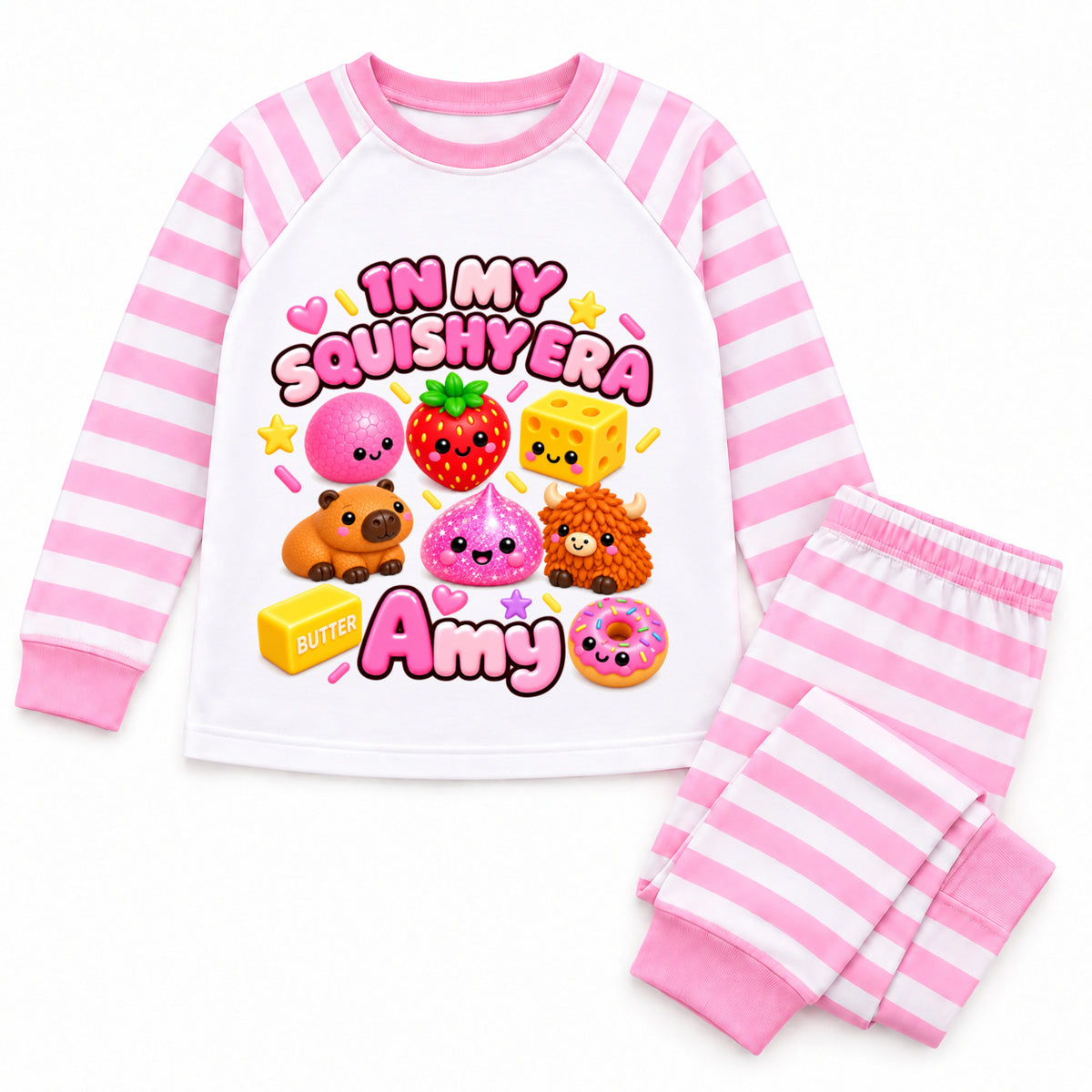 Personalised girls Squishy Era pink stripe long pyjamas – Amy example name