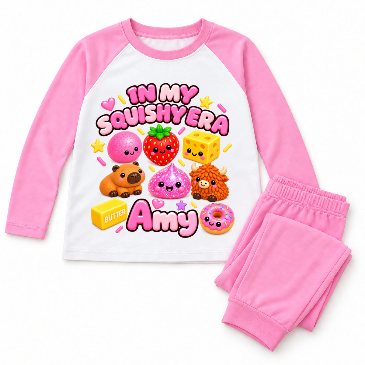 Personalised girls Squishy Era solid pink long pyjamas – Amy example name